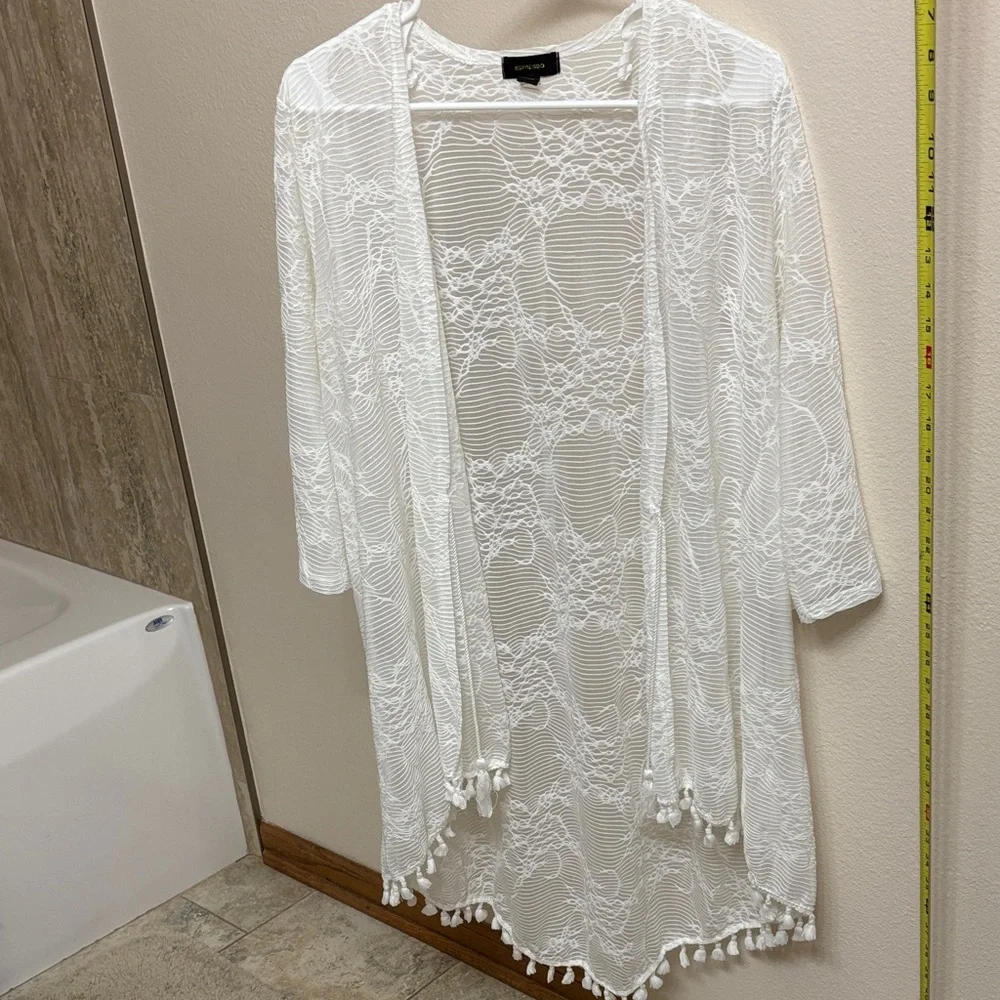 White Lace Fringe Kimono Cover-Up by Unknown Brand